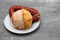 typical portuguese corn bread with smoked sausage chourico Royalty Free Stock Photo