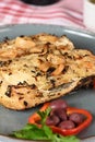typical portuguese dish roasted codfish with onion garlic peppers and rustic babata lusitanian food