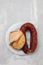 typical portuguese smoked sausage chourico with olives and bread Royalty Free Stock Photo