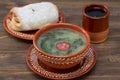 Typical portuguese soup caldo verde with bread with chourico