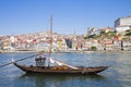 Typical portuguese wooden boats, called barcos rabelos, used in the past to transport the famous port wine Porto-Oporto-Portugal- Royalty Free Stock Photo