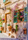 Mediterranean old house with flower and plant pots in Valldemossa village, Majorca Spain Royalty Free Stock Photo