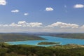 Typical Provencal town Aiguines with Lac de Sainte-Croix, Verdon Natural Park, Alpes-de-Haute-Provence, Provence, France Royalty Free Stock Photo