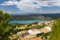 Typical Provencal town Aiguines with Lac de Sainte-Croix, Verdon Natural Park, Alpes-de-Haute-Provence, Provence, France Royalty Free Stock Photo