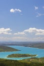 Typical Provencal town Aiguines with Lac de Sainte-Croix, Verdon Natural Park, Alpes-de-Haute-Provence, Provence, France Royalty Free Stock Photo