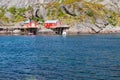 Typical red rorbu fishing hut in town of Svolvaer Royalty Free Stock Photo