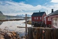 Typical red rorbu fishing hut in town of Svolvaer Royalty Free Stock Photo