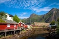 Typical red rorbu fishing hut in town of Svolvaer Royalty Free Stock Photo