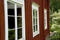 Typical red scandinavian wooden house with white windows