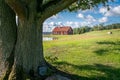 Typical red wooden house in countryside by the sea in nature of southern Sweden on a beautiful sunny summer day Royalty Free Stock Photo