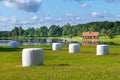 Typical red wooden house in countryside by the sea in nature of southern Sweden on a beautiful sunny summer day. White Royalty Free Stock Photo