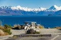 Typical rest and picnic bench at Lake Pukaki, pakaki in Mauri. 2