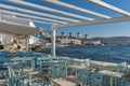 Typical Restaurant and Panoramic view to Mykonos, Cyclades, Greece