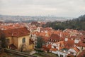 Typical roofs in Prague. Top view - roofs with red tiles in old buildings in Prague. Europe. Royalty Free Stock Photo