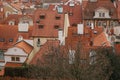 Typical roofs in Prague. Top view - roofs with red tiles in old buildings in Prague. Europe. Royalty Free Stock Photo