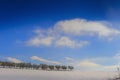 Between Apulia and Basilicata: snowy hill with olive grove. Rural winter landscape with snow dominated by clouds on blue sky. Royalty Free Stock Photo
