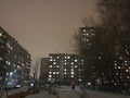 Typical Russian city and buildings during winter time in the night.