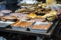 Typical Sardinian food. Sausages roast, bread, steaks roast, pig