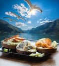 Typical Scandinavian sandwiches against fjord near the Flam village in Norway