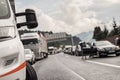 Typical scene on European highways during summer holiadays rush hour. A traffic jam with rows of cars tue to highway car Royalty Free Stock Photo