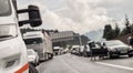Typical scene on European highways during summer holiadays rush hour. A traffic jam with rows of cars tue to highway car Royalty Free Stock Photo