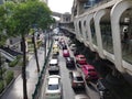 Typical scene during rush hour. A traffic jam with rows of cars. Shallow depth of field.