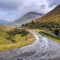 Typical Scottish landscape with heavy clouds and rainbow Royalty Free Stock Photo