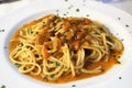 Typical Sicilian dish called `spaghetti with sea urchins` Royalty Free Stock Photo