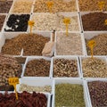 Typical Sicilian market stall for selling legumes, nuts, Royalty Free Stock Photo