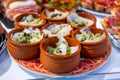 Typical snack of Basque Country and Navarre, pinchos or pinxtos served in bar, San Sebastian, Spain