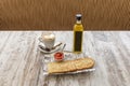 Typical Spanish breakfast of cafe con leche with toasted bread with tomato and olive oil
