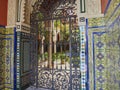 typical spanish patio with wrought iron gate, tiles and flowers