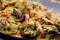Typical spanish seafood paella in traditional pan Royalty Free Stock Photo