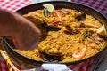 Typical seafood paella in the traditional fry pan Ibiza, Spain Royalty Free Stock Photo