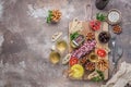 Typical spanish tapas concept. Salami, cheese, bowls with olives, tomatoes and alioli dip. Copyspace Royalty Free Stock Photo