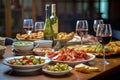 Typical Spanish tapas with red wine. AI generated. Royalty Free Stock Photo