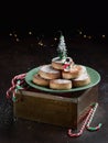 Typical spansih Christmas cookies Polvorones, mantecados, with almonds on dark wooden background with copyspace. Christmas and New Royalty Free Stock Photo