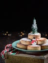 Typical spansih Christmas cookies Polvorones, mantecados, with almonds on dark wooden background with copyspace. Christmas and New Royalty Free Stock Photo