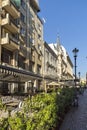 Typical street and buiding at old town of city of Bucharest, Romania