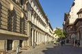 Typical street and buiding at old town of city of Bucharest, Romania