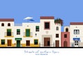 Typical street in southern Spain. Fruit and vegetable store and hotel. Houses with balconies