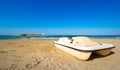 Typical summer image of an amazing pictorial view of a sandy beach and an old white church in a small isl