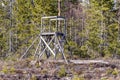 Typical Swedish small wooden tower at the edge of forest for autumn hunting of moose which coming to clean cutted forest areas.