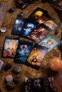 Typical Tarot spelling cards set up by with gemstones. hobby and life style concept