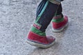 Typical Tibetan shoes of a Tibetan Pilgrim inside the Jokhang Temple in Lhasa, Tibet. Royalty Free Stock Photo