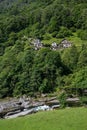 Typical Ticino-style stone houses in Frasco,Verzasca valley, Tessin, Ticino, Switzerland Royalty Free Stock Photo