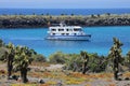 Typical tourist yacht anchored between South Plaza and North Plaza islands, Galapagos National Park, Ecuador Royalty Free Stock Photo