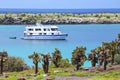 Typical tourist yacht anchored between South Plaza and North Plaza islands, Galapagos National Park, Ecuador Royalty Free Stock Photo