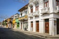 Typical traditional buildings with balconies on a sunny day in Old Town, Cartagena, Colombi