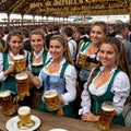 Young German Fraeuleins are serving the beer on the Oktoberfest